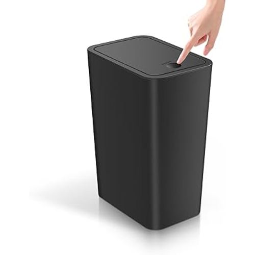 TIPGO Bathroom Trash Can with Lid, 4 Gallon / 15 Liter Small Garbage Can, Press Top Bin, Plastic Wastebasket with Pop-Up Lid for Bedroom, Living Room, Office (Black)