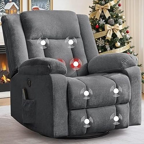 Rocker Recliner, Glider Recliner Chairs for Adults, 360° Swivel Rocking Chair with Massage and Heating, Nursery Chair with Storage and USB Charging for Living Room, Nursery, Bedroom