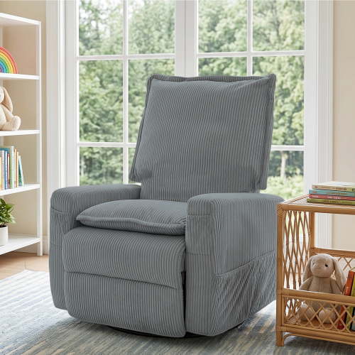 GASEE Baby Upholstered Glider Recliner Rocking Chair 360° Swivel for Nursery and Living Room – Corduroy Blue