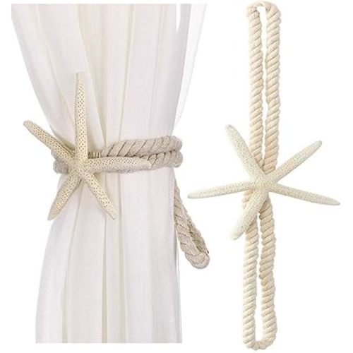 2 Pcs Natural Starfish Curtain Tiebacks, Handmade Woven Rope Curtain Curtain Ties Blinds Accessories for Outdoor, Home, Office, Hotel, Living Room Curtain Decoration (Five-Fingered Starfish)
