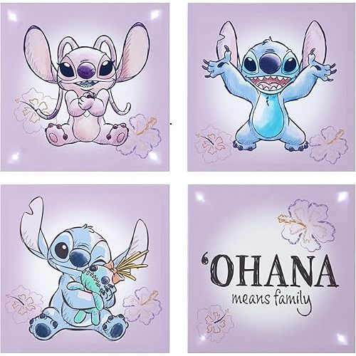 Disney Stitch 4-Pack Canvas LED Wall Art Set,Children’s Hanging Wall Décor for Bedroom & Playroom, Each Piece 11" x 11"