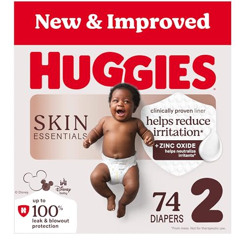 Huggies Size 2 Diapers, Skin Essentials Baby Diapers, Size 2 (12-18 lbs), 74 Count, Packaging May Vary
