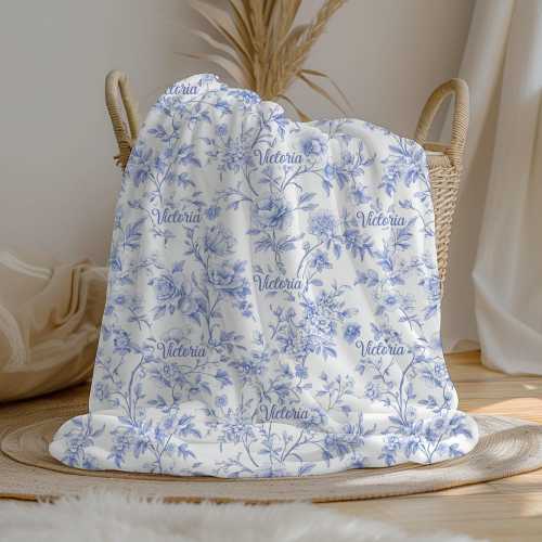 Personalized Blue Floral Baby Blanket, Toile Custom Name Crib Blanket, Swaddle Set, Minky, Fleece, Sherpa, Baby Shower Gift, Coquette Decor