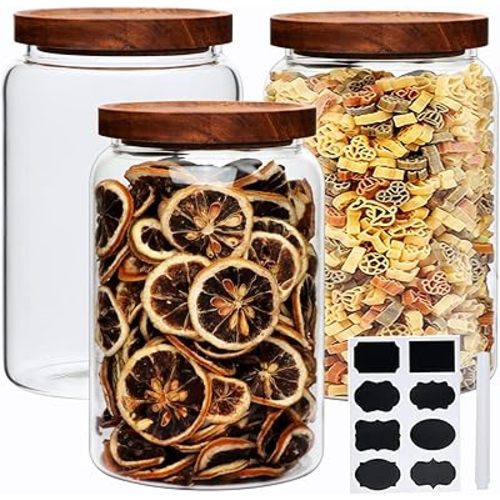 Large Glass Jars,Set of 3 Glass Jars with Wooden Airtight Lids,Food Storage Container for Tea,Spice,Cereal, Egg,Flour,Coffee and More(67 oz/2000 ml)