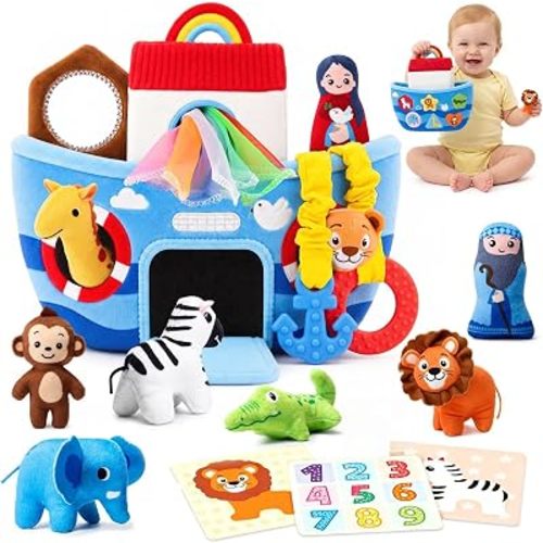 Baby Toys 6‑12 Months Noah's Ark Toy with Stuffed Animals, Baptism Gifts Montessori Sensory Toy for 1 Year Old Boys Girls Christmas Birthday Baptism Gift