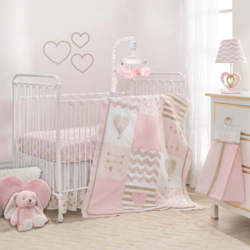 Lambs & Ivy Baby Love Girl's 4-Piece Crib Bedding Set - Pink, Gold, White, Comforter, Hearts