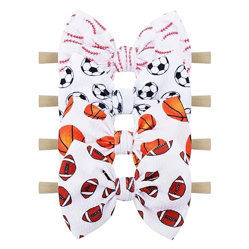 YanJie Baby Girls Hairband - Set of 4 pcs Football, Basketball, Soccer, Rugby Nylon Baby Headbands for 0-6 Months Newborn Infant Toddler - 4 Count Pack