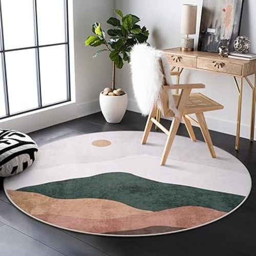 5ft Abstract Round Rug,Chic Washable Non-Slip Sun and Mountain Area Circle Rug,Soft Low-Pile Circle Throw Rugs for Living Room Sofa Kids Room Decor(Grey)