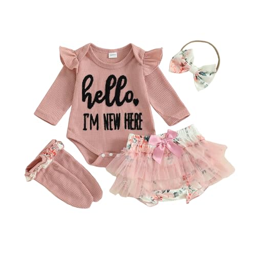Ursobutegl Im New Here Newborn Baby Girl Outfit Ruffle Romper Tiered Tutu Dress Shorts Headband Socks Coming Home Clothes Set