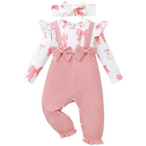 AMAWMW Newborn Baby Girl Clothes Rufffle Sleeve Romper With Headband Set