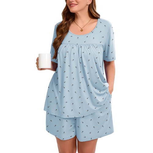 SHOWMALL Women's Plus Pajama Sets Pleated Front Loungewear Lamb Print Light Blue 3X Floral Sleepwear Ladies Pjs Sets with Pockets