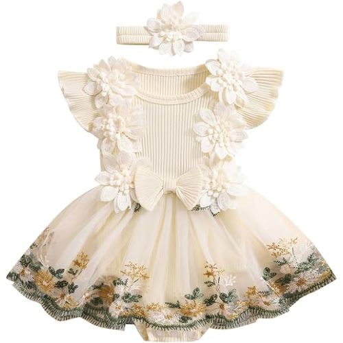 Infant Baby Girl Summer Clothes Romper Dress Embroidery Mesh Tulle Skirt Hem Ribbed Bodysuit Cute Newborn Outfits (Floral Apricot, 0-3 Months)