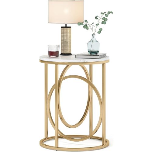 LITTLE TREE 20” Round End Table，Modern Sofa Side Table with Gold O-Shaped Base, Faux Marble White Cocktail Table Accent Table Nightstand for Living Room Bedroom