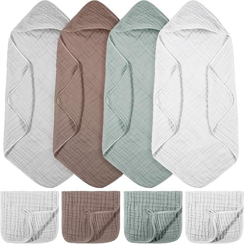 8 Pcs Baby Muslin Hooded Towels Washcloths, Blue,White