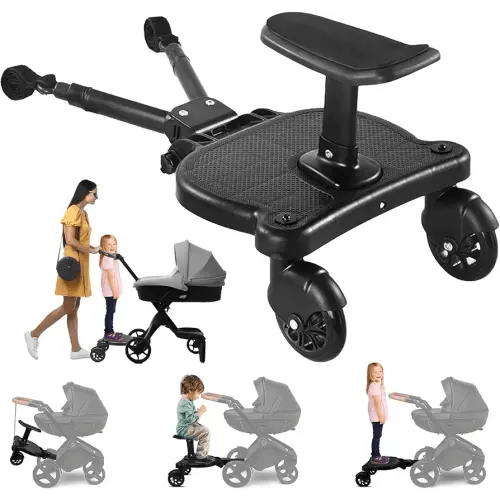 Universal Stroller Board with Detachable Seat, 2-in-1 Stroller Ride-On Board for Toddler, Fits Most Stroller Brands, Sit and Stand Stroller Attachment, Holds Up to 55 lbs for Kids Ages 3-7