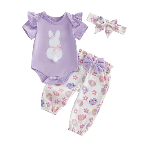Muasaaluxi Newborn Baby Girl Easter Outfit Short Sleeve Ruffle Romper Bunny/Easter Eggs Long Pants Headband Summer Clothes
