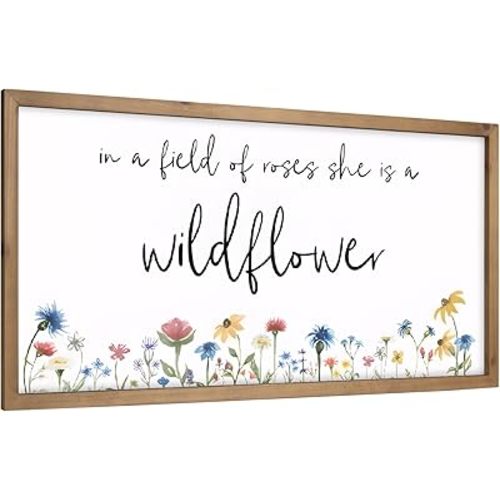 pechpell In A Field Of Roses She Is A Wildflower Sign, 24.8"×12.6" Wooden Wildflower Nursery Decor, Floral Pictures Wall Art Framed, Spring Flower Baby Girls Room Bedroom Living Room Home Decorations