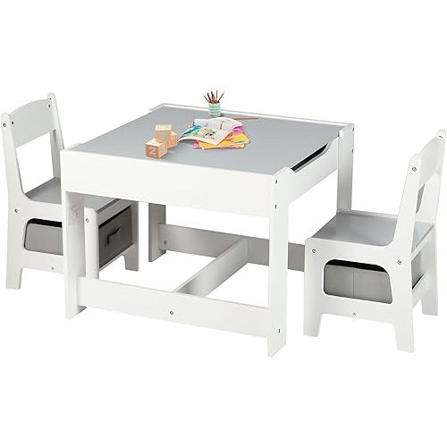 Kinder King Kids Wood Table & 2 Chairs Set, 3 in 1 Children Activity Table w/Storage, Removable Tabletop, Blackboard, 3-Piece Toddler Furniture Set for Art, Crafts, Drawing, Reading, Playroom, Grey