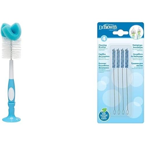 Dr. Brown's Reusable Sponge Baby Bottle Cleaning Brush with Suction Cup Stand & Natural Flow Reusable Baby Bottle Vent System and Reservoir Cleaning Bristle Brush
