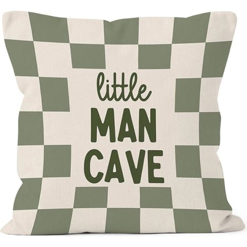 Little Man Cave Throw Pillow Cover Gifts 18x18, Boy Nursery Decor Pillow Cases for Kids Room Bedroom Playroom Classroom, Sage Green Checkered Decorative Square Pillowcases for Couch Bed Sofa
