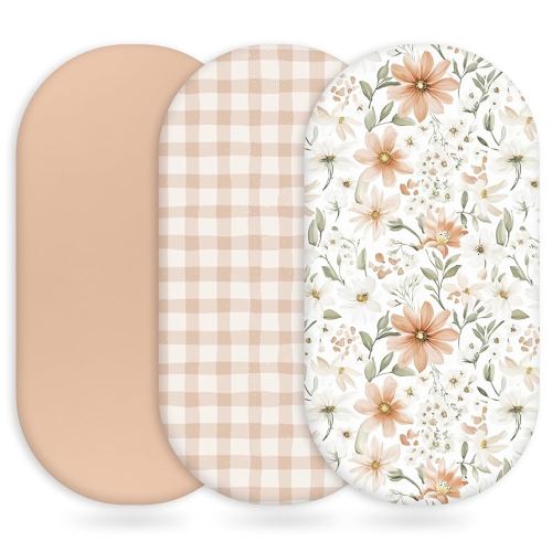 Baby Bassinet Sheets Girl Boy, Fitted Bassinet Sheet Set 3 Pack Bassinet Mattress Sheets Universal Fit for Rectangle, Round, Oval, Hourglass Mattress, Soft Breathable Orange Flowers & Plaid