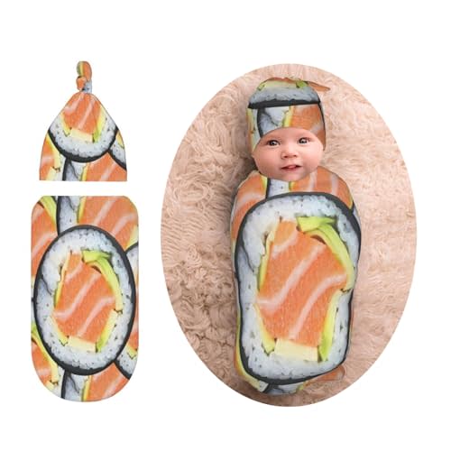 Sushi Newborn Swaddle Blanket Beanie Hat Sets Funny Food Soft Baby Receiving Blanket Swaddle Sack Wraps for Infant Boy Girl Gift Baby Shower Infant