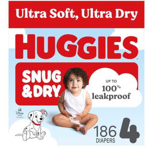 Huggies Snug & Dry Diapers Size 4, 186 Count | Ultra Soft and Ultra Dry, Day & Night Protection, GentleAbsorb Liner, Wetness Indicator, Fragrance Free, No Parabens