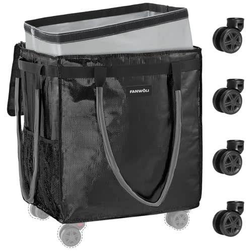 (Medium) Fanwoli Reusable Grocery Bag On Wheels with Removable Liner | Wrinkle-Resistant Fabric | Enhanced Stability Wheels & Extended Handle | Foldable Shopping Trolley for Laundry, Carries Up to 66L