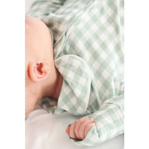 Peter Pan Collar Zipper Footie in Moss Gingham | Caden Lane