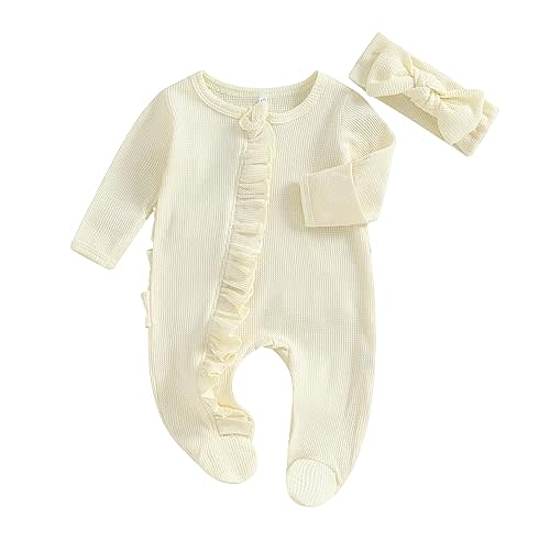 Fanvereka Newborn Infant Baby Girl Fall Outfit Romper 3 6 12 Months Girls Long Sleeve Full Length Zipper Footie Headband