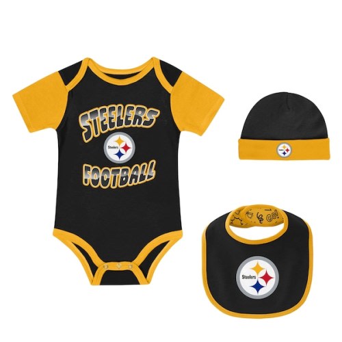 Newborn Pittsburgh Steelers Outerstuff Tag Team Bodysuit, Bib & Cuffed Knit Hat Set