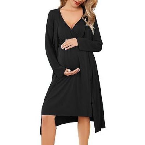 Ekouaer Maternity Nursing Gown and Robe Set Labor Delivery Nursing Nightgowns for Breastfeeding Pregnancy Clothes Black M