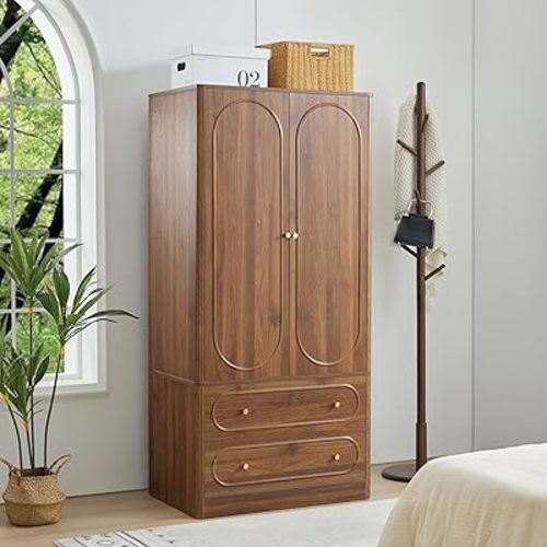 Fluted Freestanding Armoire Wardrobe Closet with 2 Doors and 2 Storage Drawers, Large Capacity Wardrobe Cabinet, Wooden Closet for Bedroom, Living Room - Walnut