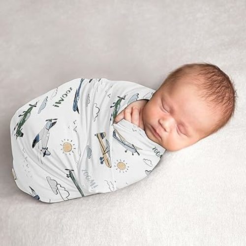 Sweet Jojo Designs Green Vintage Airplane Boy Baby Swaddle Blanket for Infant, Newborn Lightweight Jersey Stretchy Receiving Security Stroller Cover - Airplanes, Transportation, Clouds, Sun, Aviator