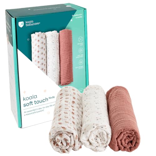 Koala Babycare Organic Muslin Swaddle Blankets for Newborns – GOTS & Oeko-TEX Certified - 3 Pack Soft Cotton Baby Blanket 32 x32 inches - Lightweight, Breathable, and Safe for Boys and Girls