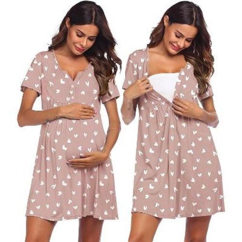 Ekouaer Labor and Delivery Gown, Nursing Nightgown, Maternity Nightgowns for Hospital Short Breastfeeding Nightgown Mauve Heart M