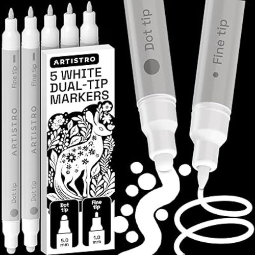ARTISTRO 5 White Precision Dual-Tip Acrylic Paint Markers – Paint Pens Set with Dot & Fine Tips for Fabric, Rock, Glass, Wood, Coloring Books – Classroom & Art Supplies Gift Teacher Appreciation Gift