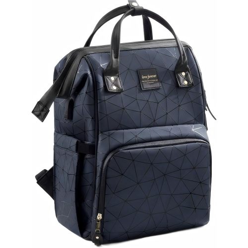 Diaper Bag Backpack, Unisex PU Leather, Very Dark Navy Blue, 16 Pockets, Insulated 3-Bottle Front, Removable Divider, Rear Zip Access, Wipes Dispenser, Stroller Straps, Luggage Sleeve