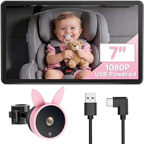 Babyvue BV4 USB Car Baby Camera, 7" 1080P HD Screen, Clear Auto IR Night Vision Back Seat Camera, Easy Install & Adjustable Brightness, Baby Shower & First Birthday Gift for Girls, Pet Friendly