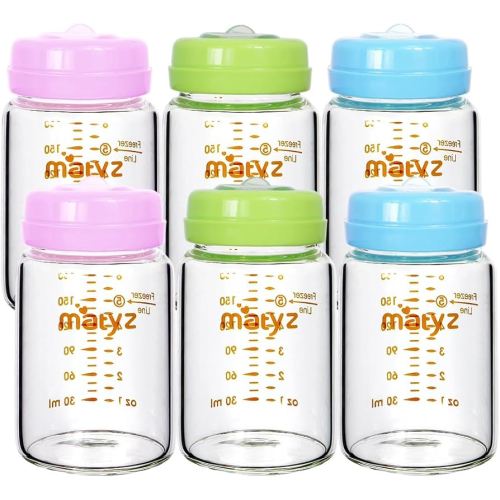 Matyz 6-Pack Borosilicate Glass Breast Milk Bottles (6 oz, 3 Colors) - Wide Neck Breastmilk Collection and Storage Bottle - Formula Storage Bottles Compatible with Medela Avent Spectra Pumps