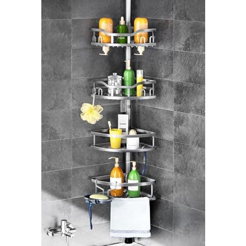 HAMITOR Corner Shower Caddy Tension Pole: Rustproof Stable 4-Tier Bathroom Organizer Shelves for Bathtub Shampoo Storage - 47-121 Inch Quick Install Adjustable Shelf with Soap Rack - Silver Gray | Rustproof Organizer 4-Tier Shelves , 47-121 In Rod, Wit...