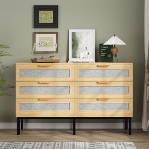 6 Drawer Dresser for Bedroom, 47'' Mid-Century Modern Storage Cabinet with Fabric Fronts, Boho Chest of Drawers,Oak Dressers for Bedroom, Living Room