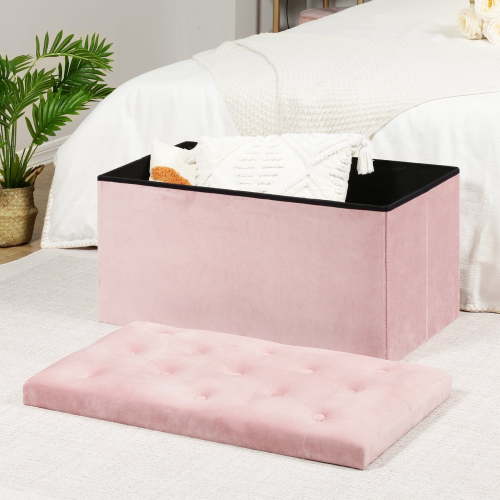 PINPLUS 31.5" Pink Velvet Ottoman with Storage Bench, Collapsible Toy Chest Box for Girls, Footstool for Living Room(Rectangular)