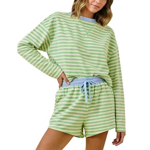 MISSACTIVER Striped Lounge 2 Piece Sets for Women Long Sleeve T Shirts Drawstring Shorts Loose Fit Matching Pajamas Set