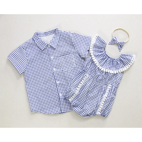 Gingham Matching Brother Sister Outfit, Navy Cotton Romper & Shirt