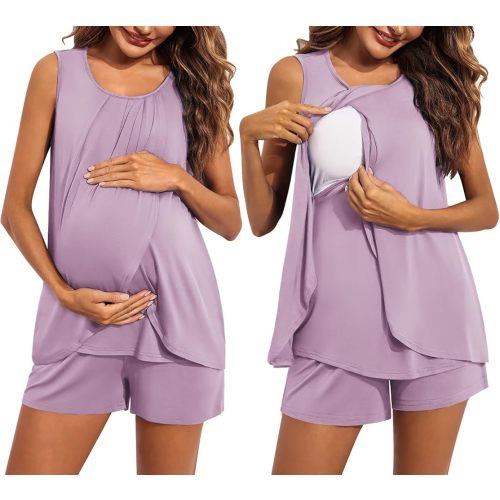 Ekouaer Women Maternity Nursing Pajama Set Breastfeeding Sleepwear Double Layer Sleeveless Top & Shorts Pregnancy PJS
