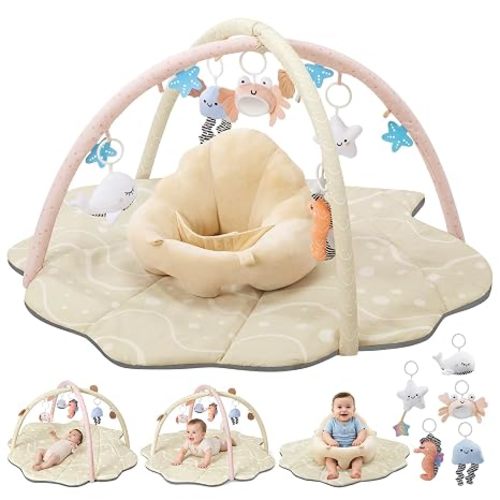 Baby Play Mat, Oversize Shell Tummy Time Mat with 6 Detachable Baby Activity Toys, Baby Gyms & Playmats for Babies 0-12 Months, Baby Essentials Mat for Floor Newborn Baby Shower Gifts (Beige)
