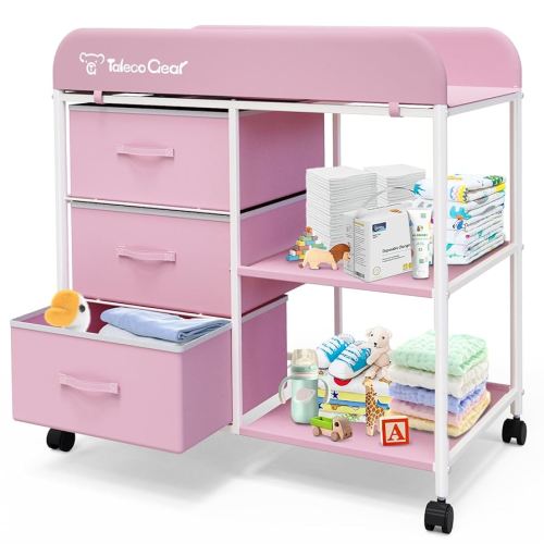 Baby Changing Table, Portable Changing Table, Diaper Changing Station with Waterproof Pad, Changing Table Dresser with 3 Storage Baskets, Mobile Nursery Organizer for Newborn Essentials