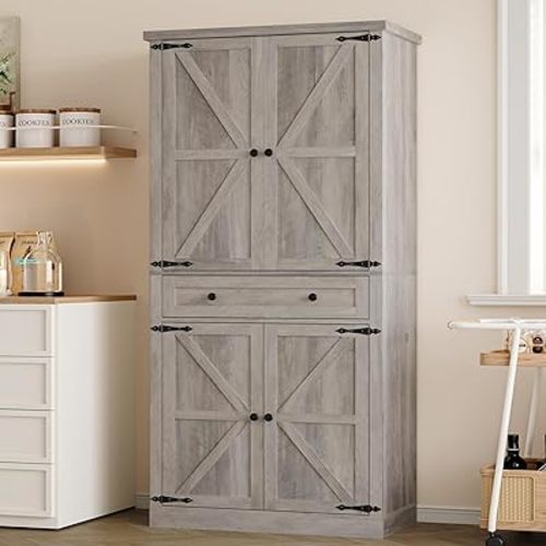Pantry Organizers and Storage Cabinet, 70” Barn Door White Kitchen Cabinet with Drawers and Adjustable Shelf, Tall Pantry for Kitchen, Dining Room, Living Room Bedroom