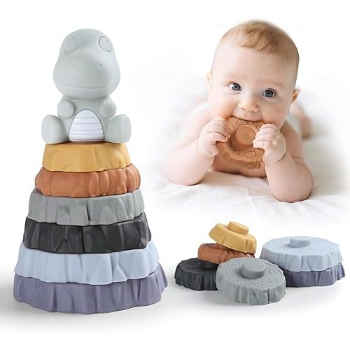 Stacking & Nesting Baby Teething Toy, 7 Pcs Soft Building Rings Stacker Toys with Dinosaur Figure, Newborn Essentials Sensory Learning Toys for 6+ Months Infant Toddler Boys Girls